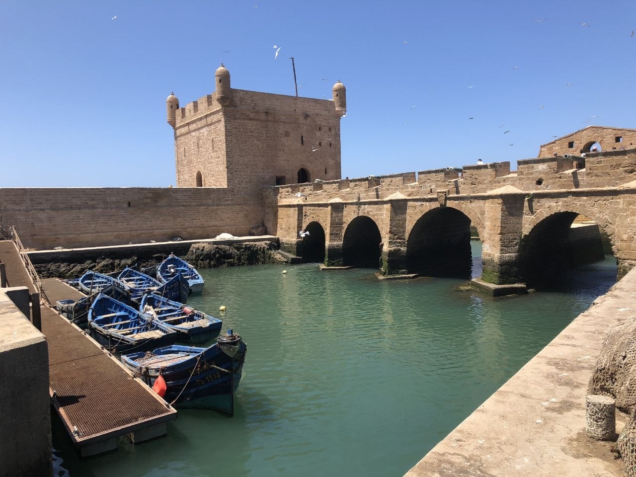Remparts et ruelles blanches et bleues d'Essaouira avec vue sur l'océan Atlantique